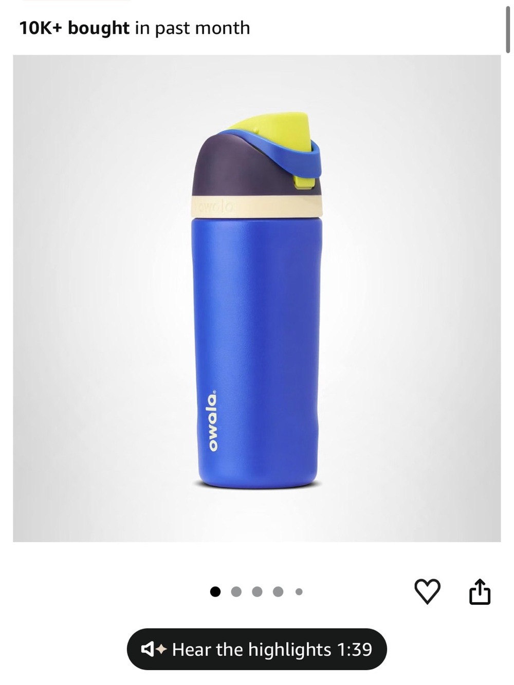 Kids Owala Blue Stainless Water Bottle with Pale Yellow Accent